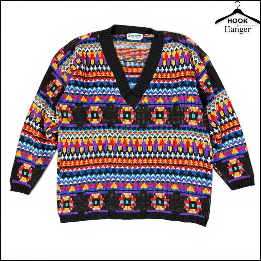 In Resource Doris Skis V-Neck Sweater M Black Colorful Vintage 90s USA Geometric